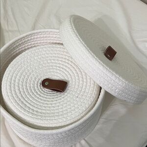 White Cotton Rope Lidded Storage Baskets with Brown Leather Pull